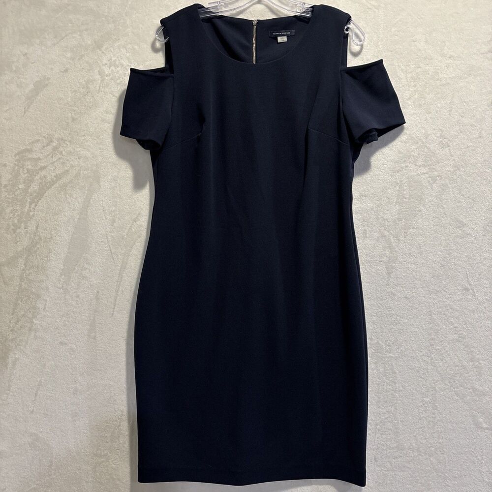Tommy Hilfiger Cold Shoulder Stretch Knee Length Sheath Dress Navy Zip Size 14